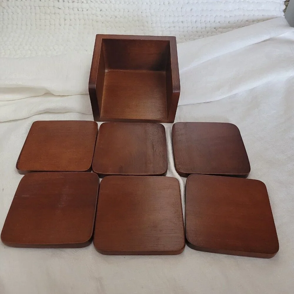 Coasters w/Caddy Vintage Set of 6 Wood Wicker Bamboo Teak 1970s barware GUC
